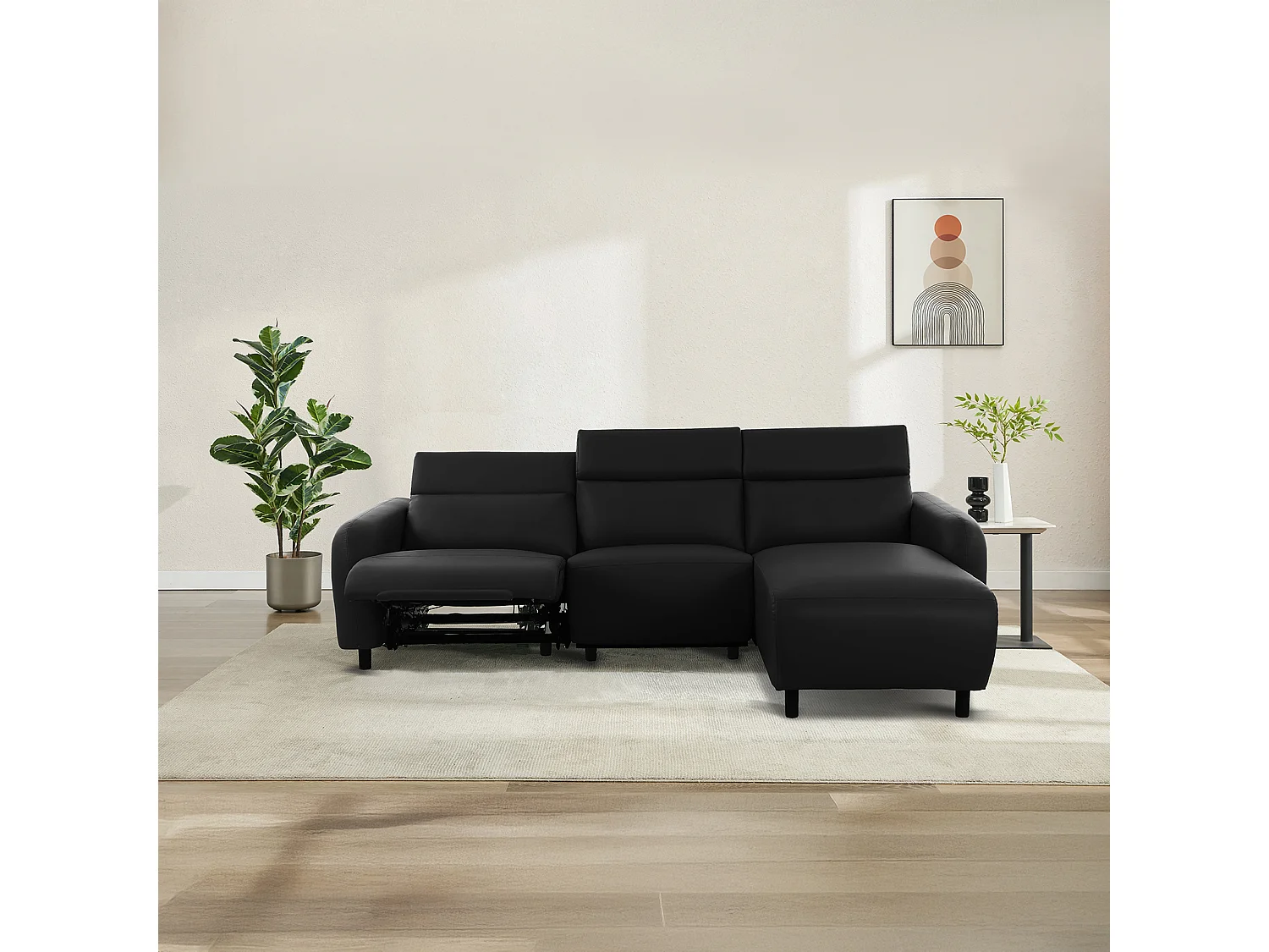 Skaane | Sofa 3 seater with chaise right & electric function in PU black