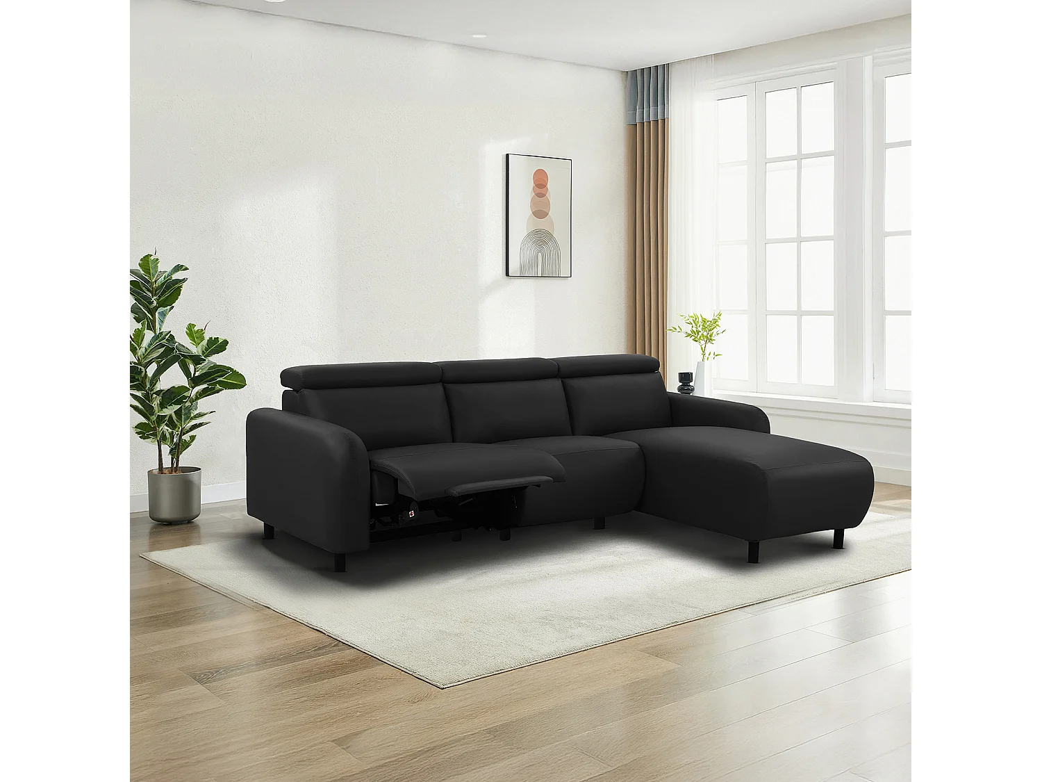 Skaane | Sofa 3 seater with chaise right & electric function in PU black