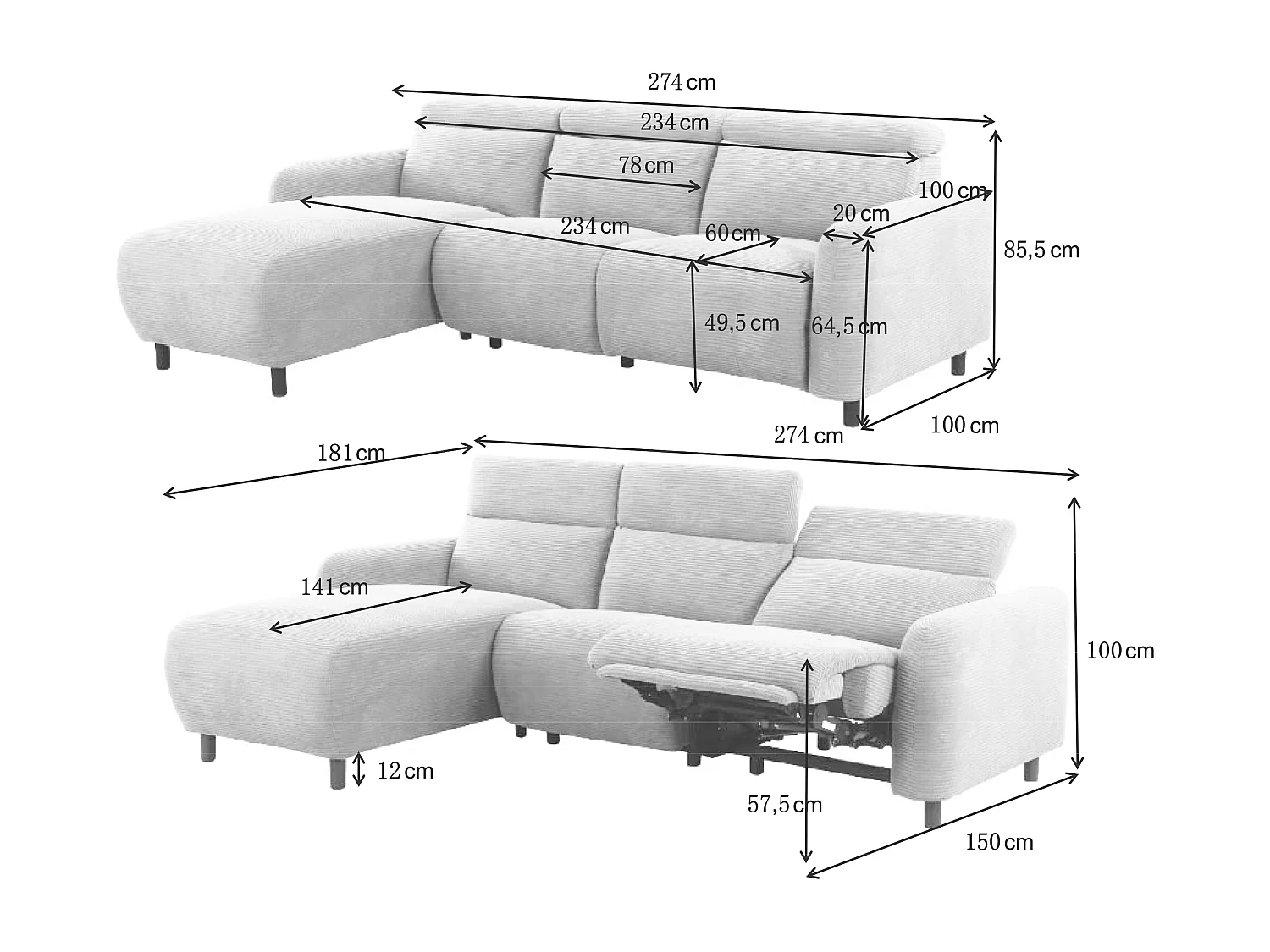 Skaane | Sofa 3 seater with chaise left & electric function in fabric anthracit