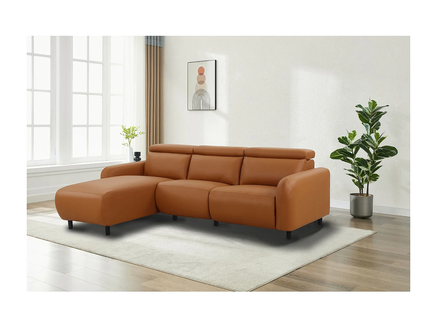 Skaane | Sofa 3 seater with chaise left & electric function in PU cognac