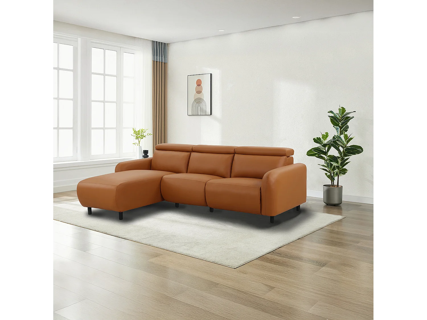 Skaane | Sofa 3 seater with chaise left & electric function in PU cognac