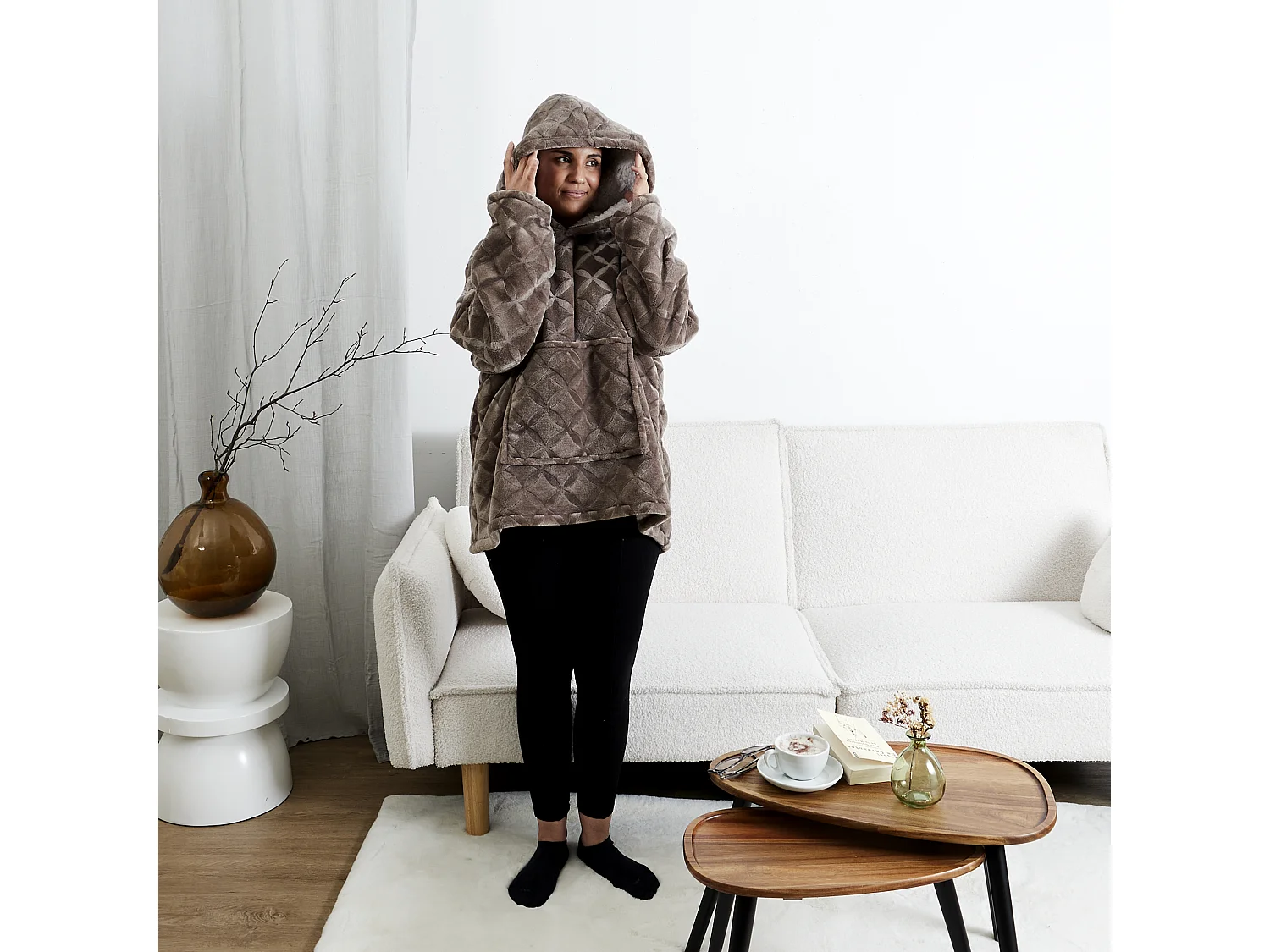 Sweat Plaid Embosse Int Sherpa Brun Marron