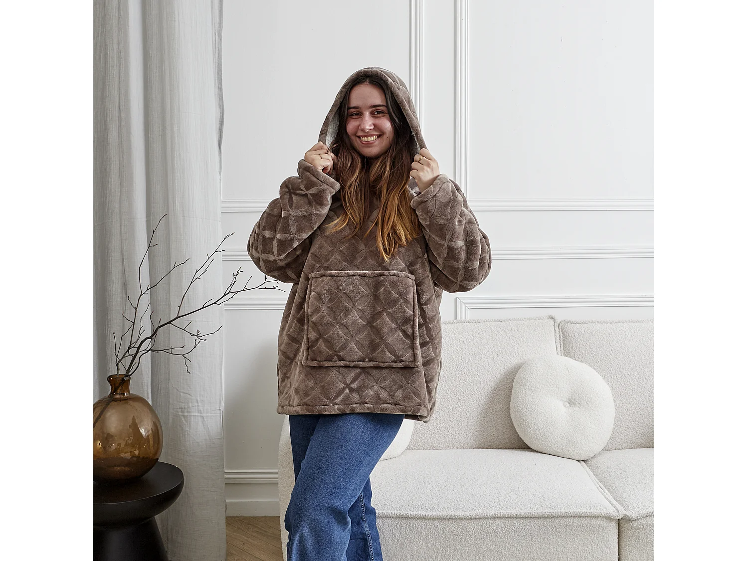 Sweat Plaid Embosse Int Sherpa Brun Marron