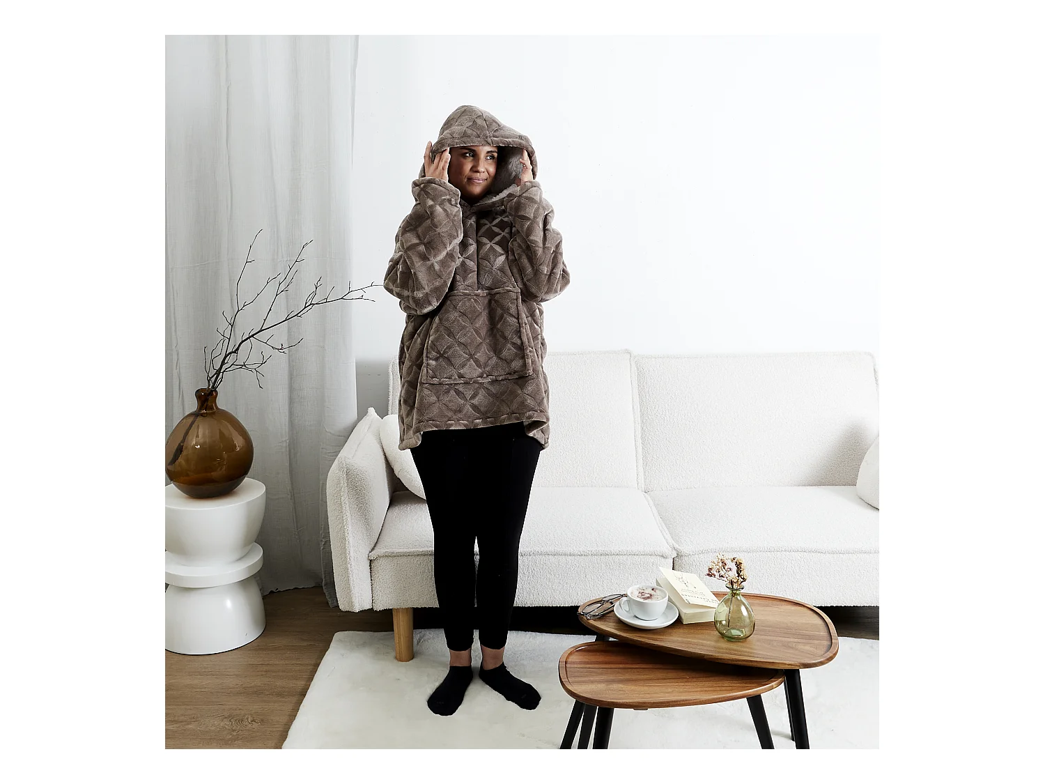 Sweat Plaid Embosse Int Sherpa Brun Marron