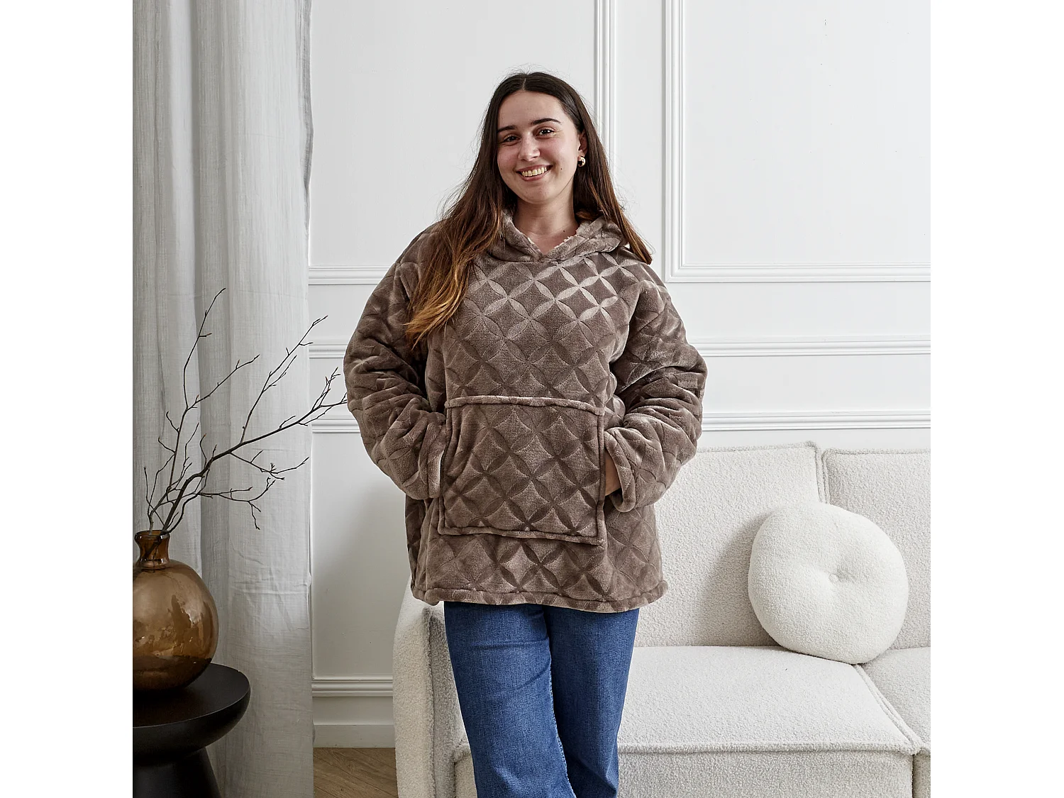 Sweat Plaid Embosse Int Sherpa Brun Marron