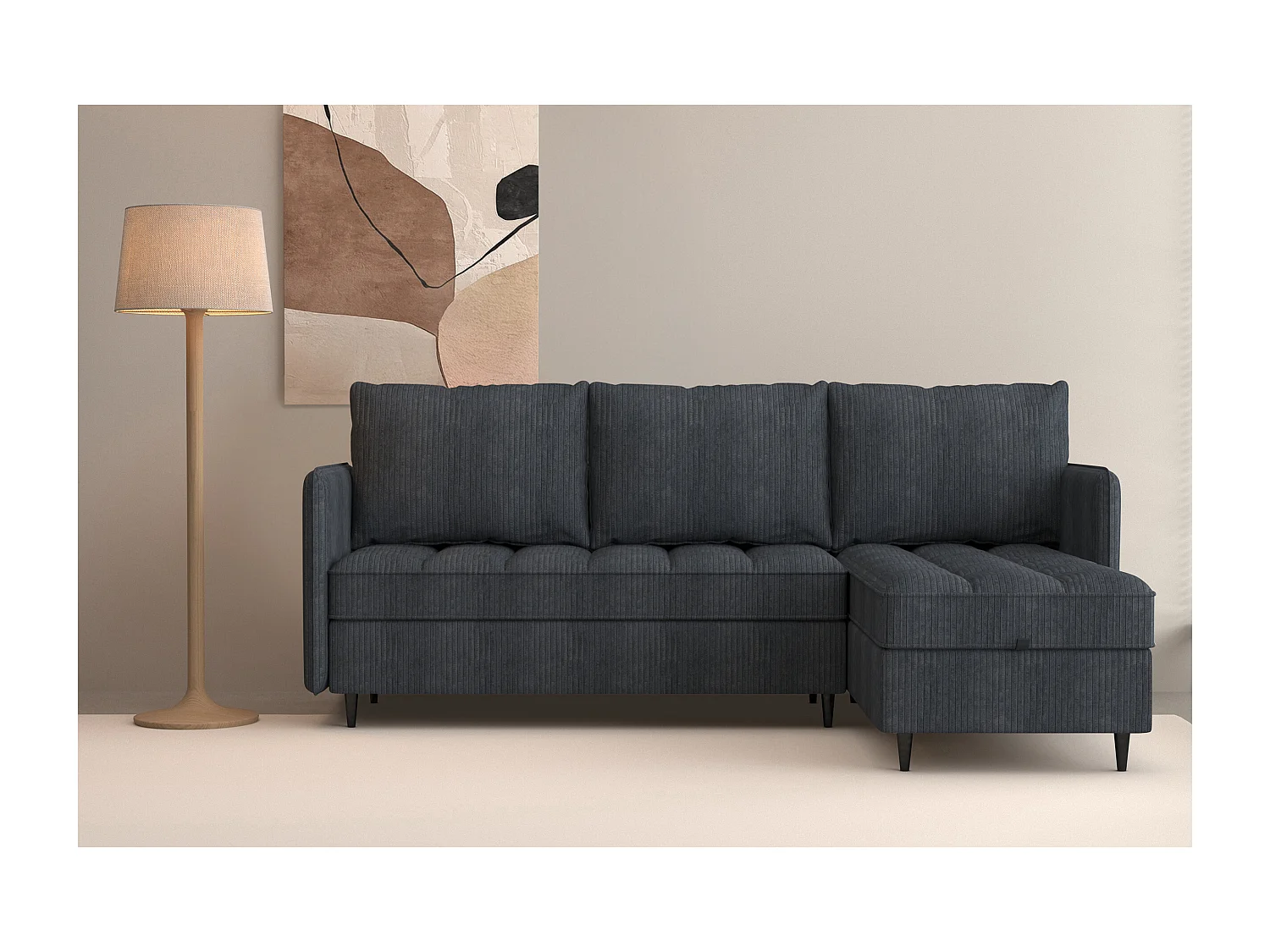 Canapé 3 places avec rangement/méridienne réversible en tissu anthracite