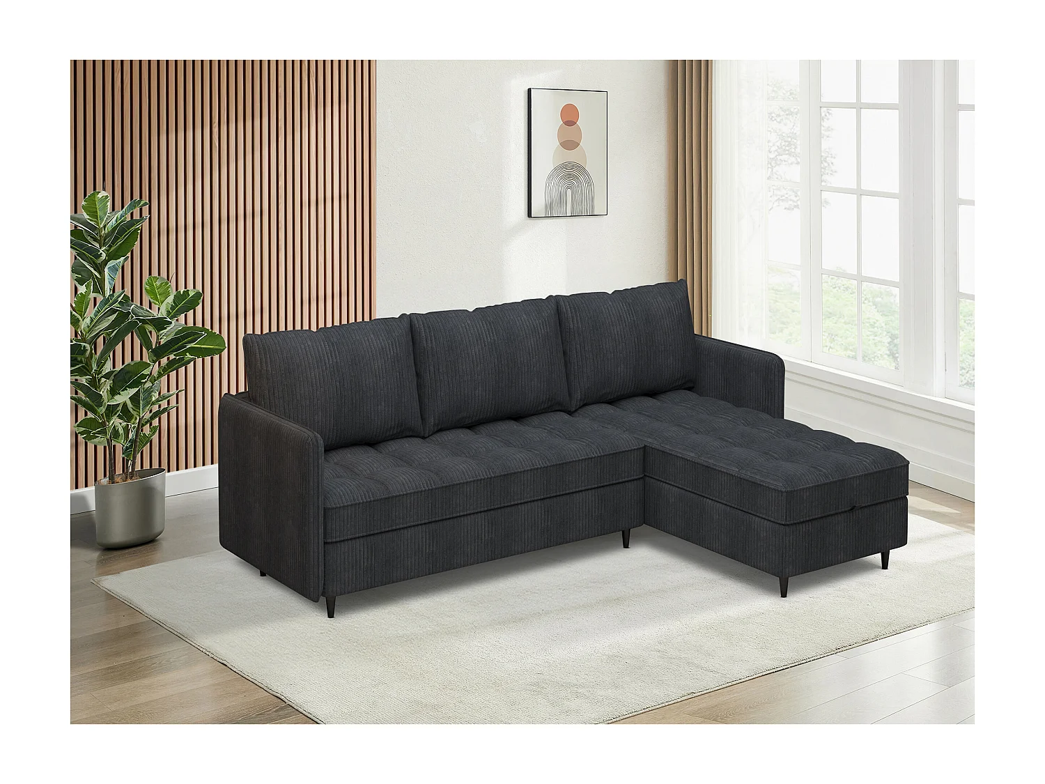 Canapé 3 places avec rangement/méridienne réversible en tissu anthracite