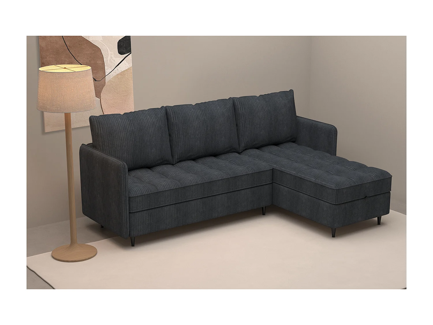 Canapé 3 places avec rangement/méridienne réversible en tissu anthracite