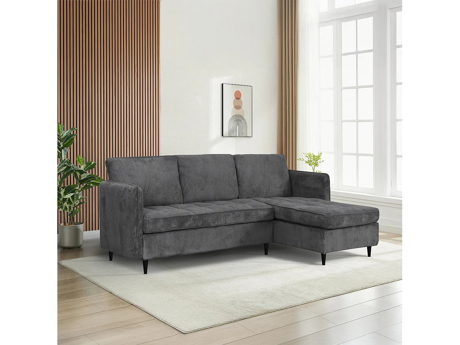 Canapé 3 places avec rangement/méridienne réversible en tissu anthracite