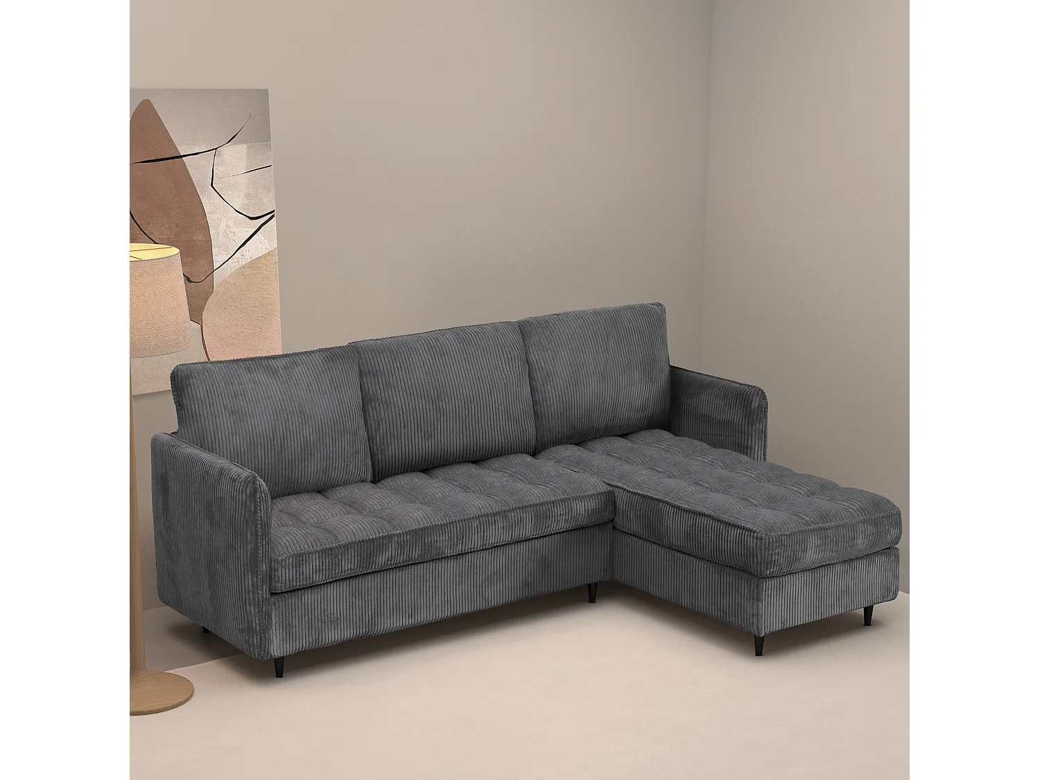 Canapé 3 places avec rangement/méridienne réversible en tissu anthracite