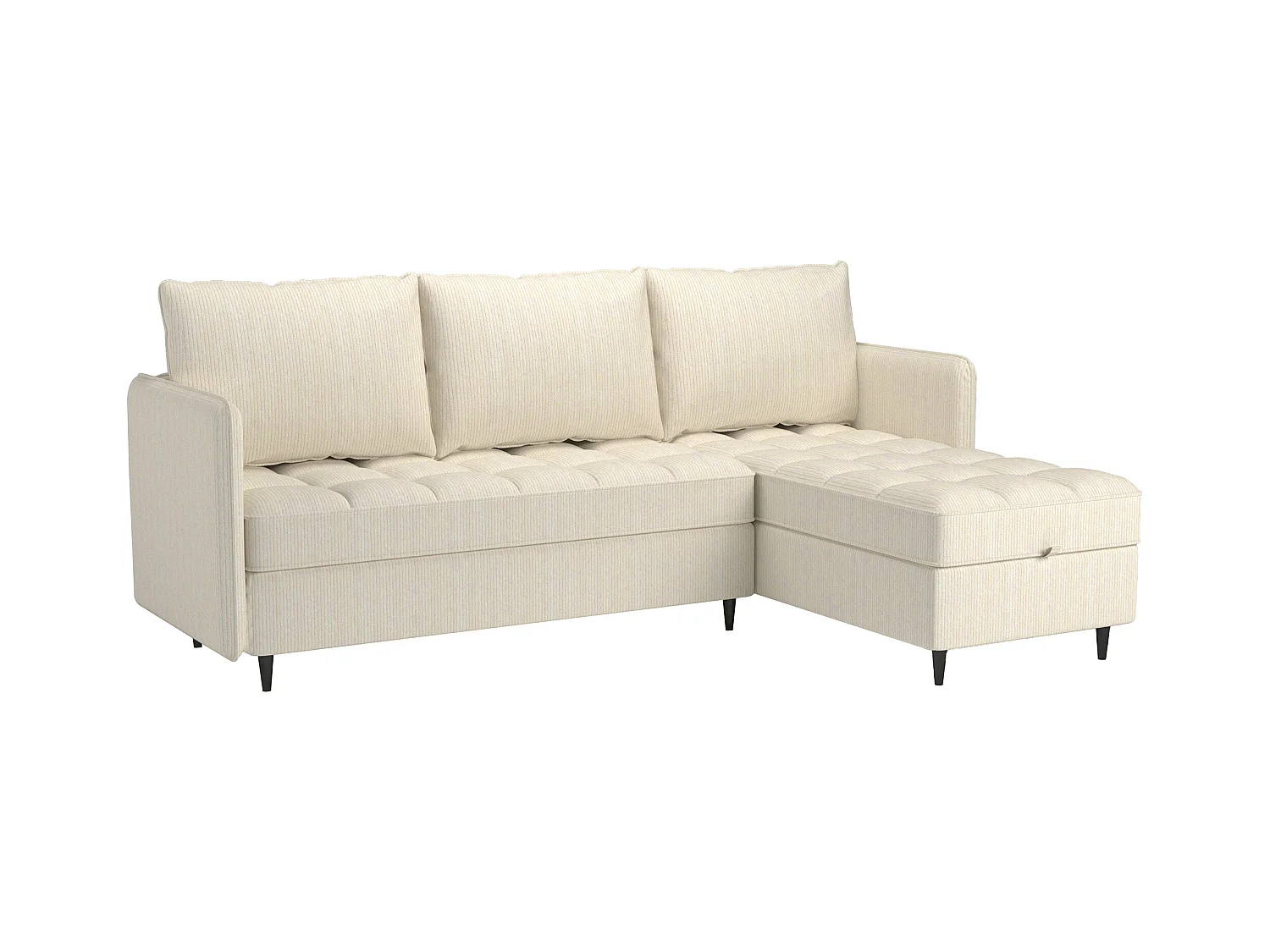 Divano 3 posti con vano portaoggetti/chaise longue reversibile in tessuto crema