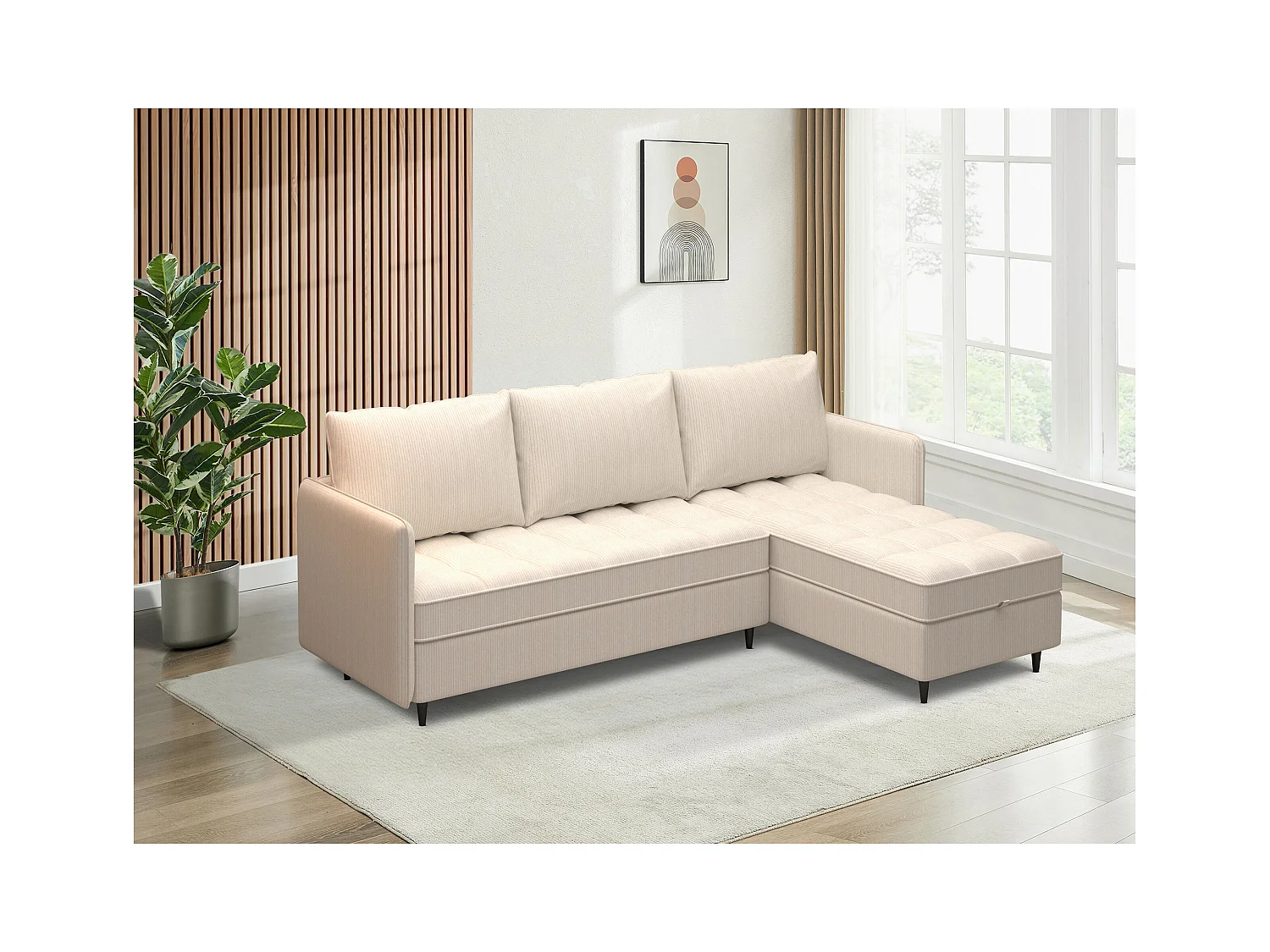 Divano 3 posti con vano portaoggetti/chaise longue reversibile in tessuto crema