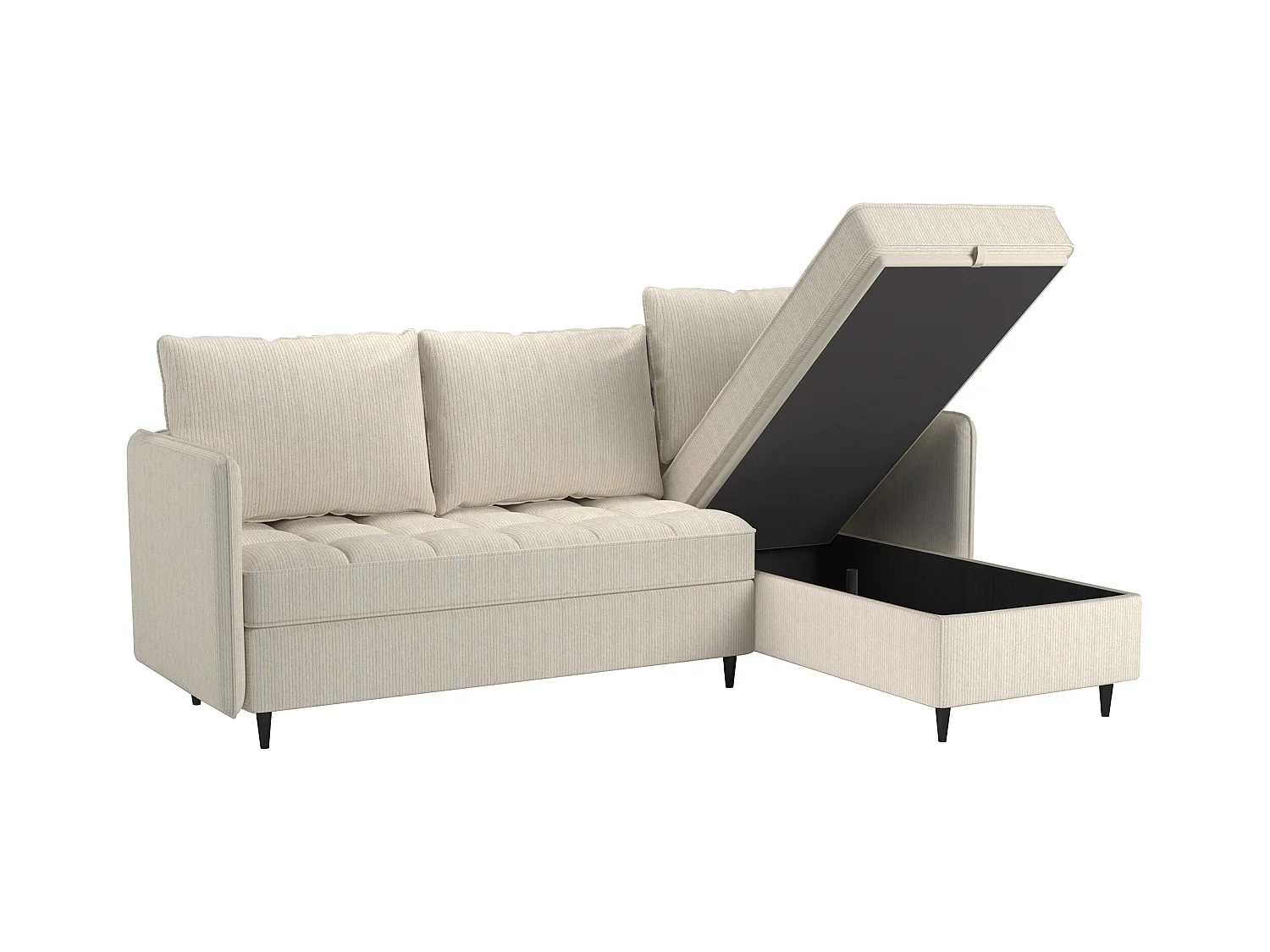 Divano 3 posti con vano portaoggetti/chaise longue reversibile in tessuto crema