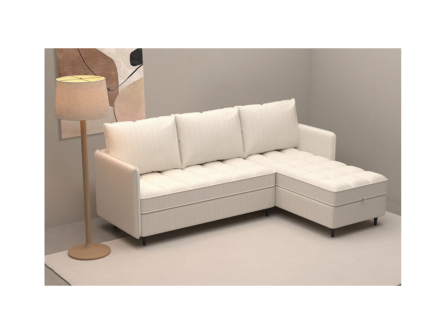 Divano 3 posti con vano portaoggetti/chaise longue reversibile in tessuto crema