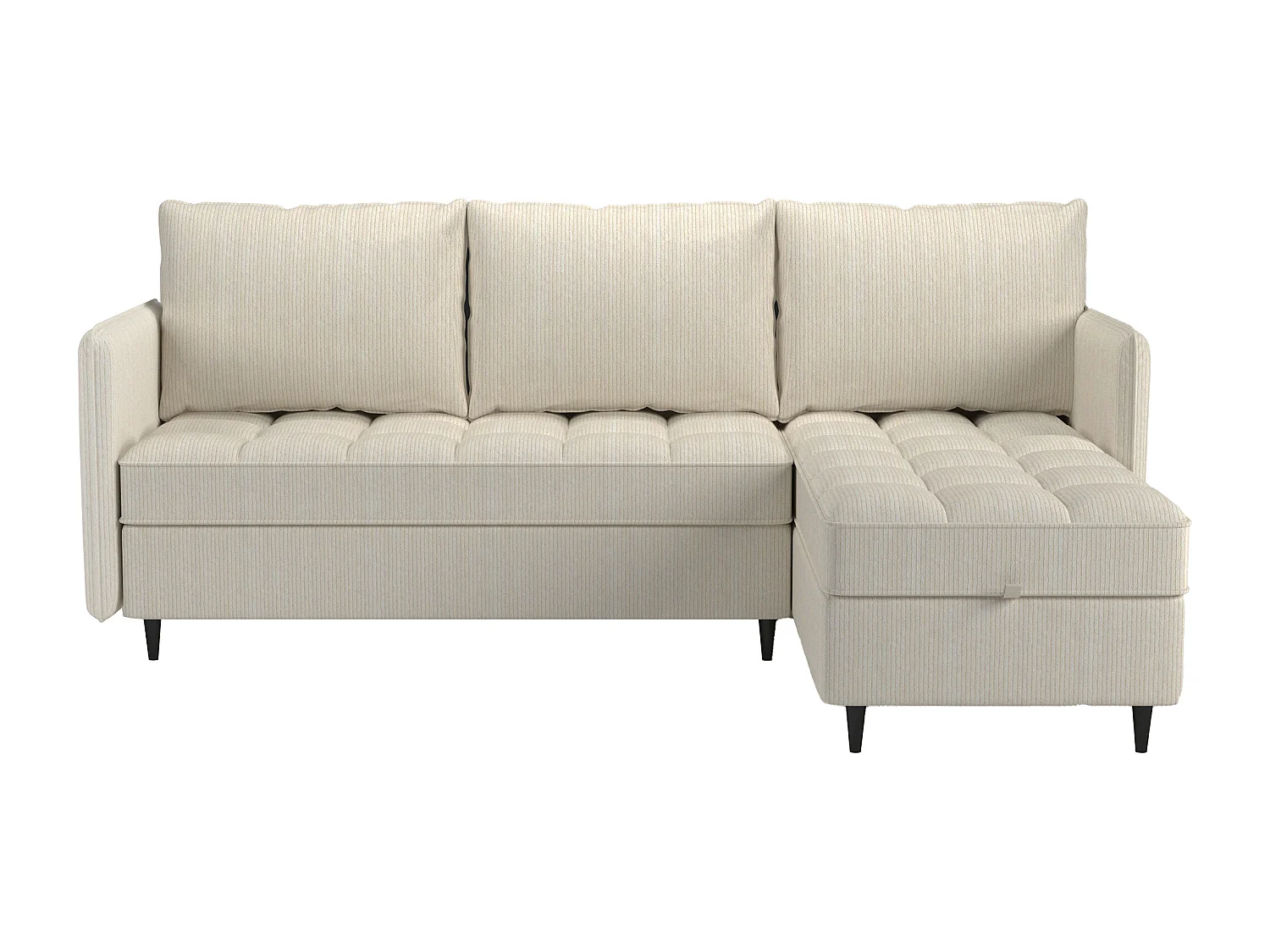 Divano 3 posti con vano portaoggetti/chaise longue reversibile in tessuto crema