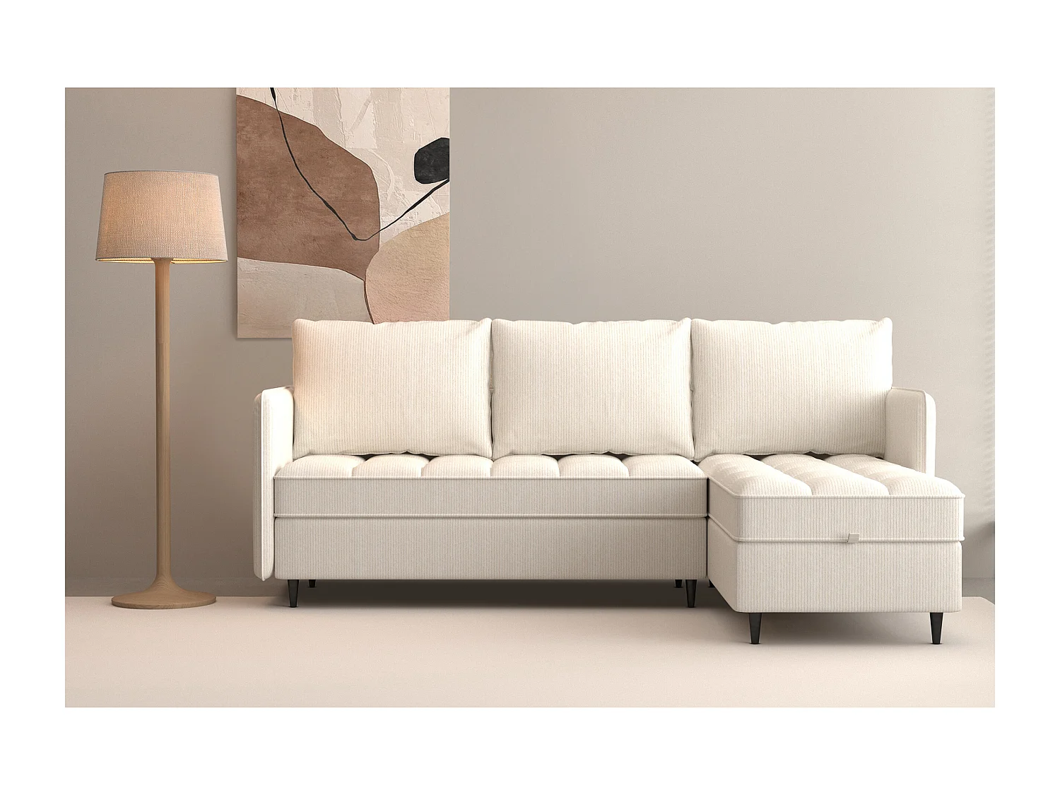 Divano 3 posti con vano portaoggetti/chaise longue reversibile in tessuto crema