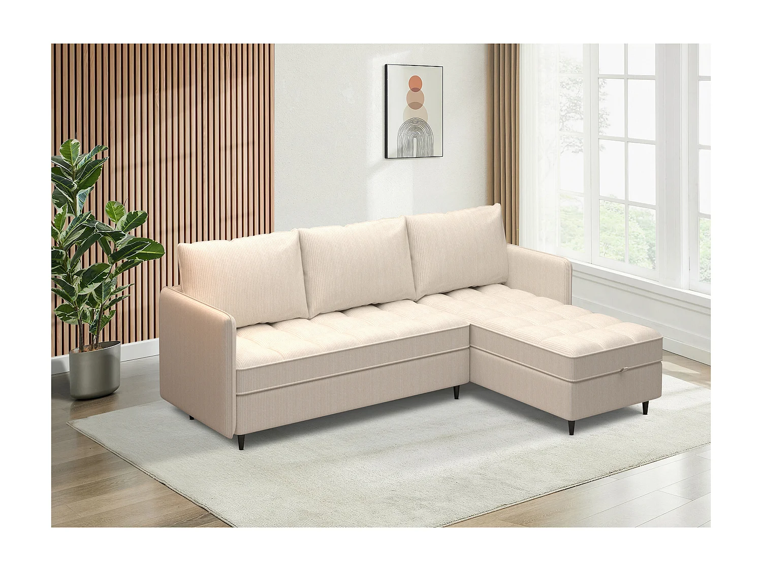 Canapé 3 places avec rangement/méridienne réversible en tissu crème