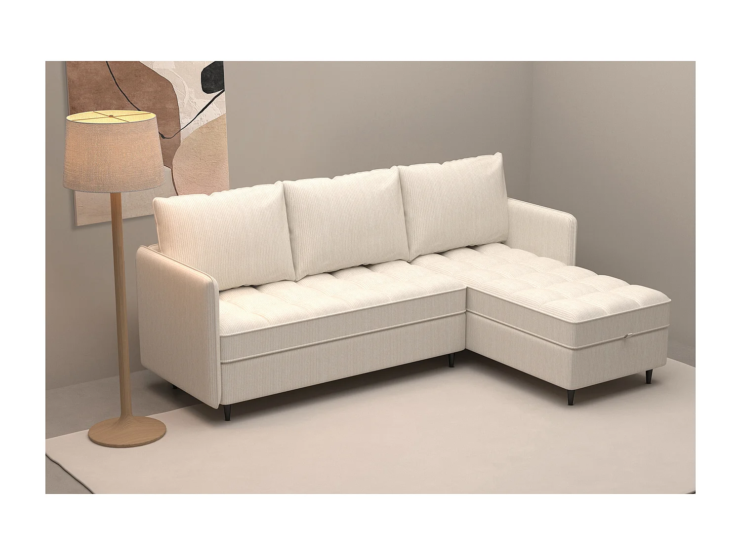 Canapé 3 places avec rangement/méridienne réversible en tissu crème
