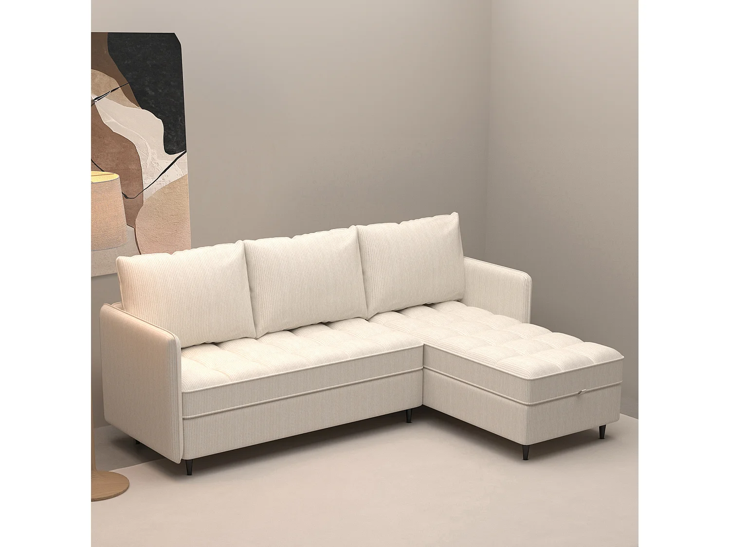 Canapé 3 places avec rangement/méridienne réversible en tissu crème