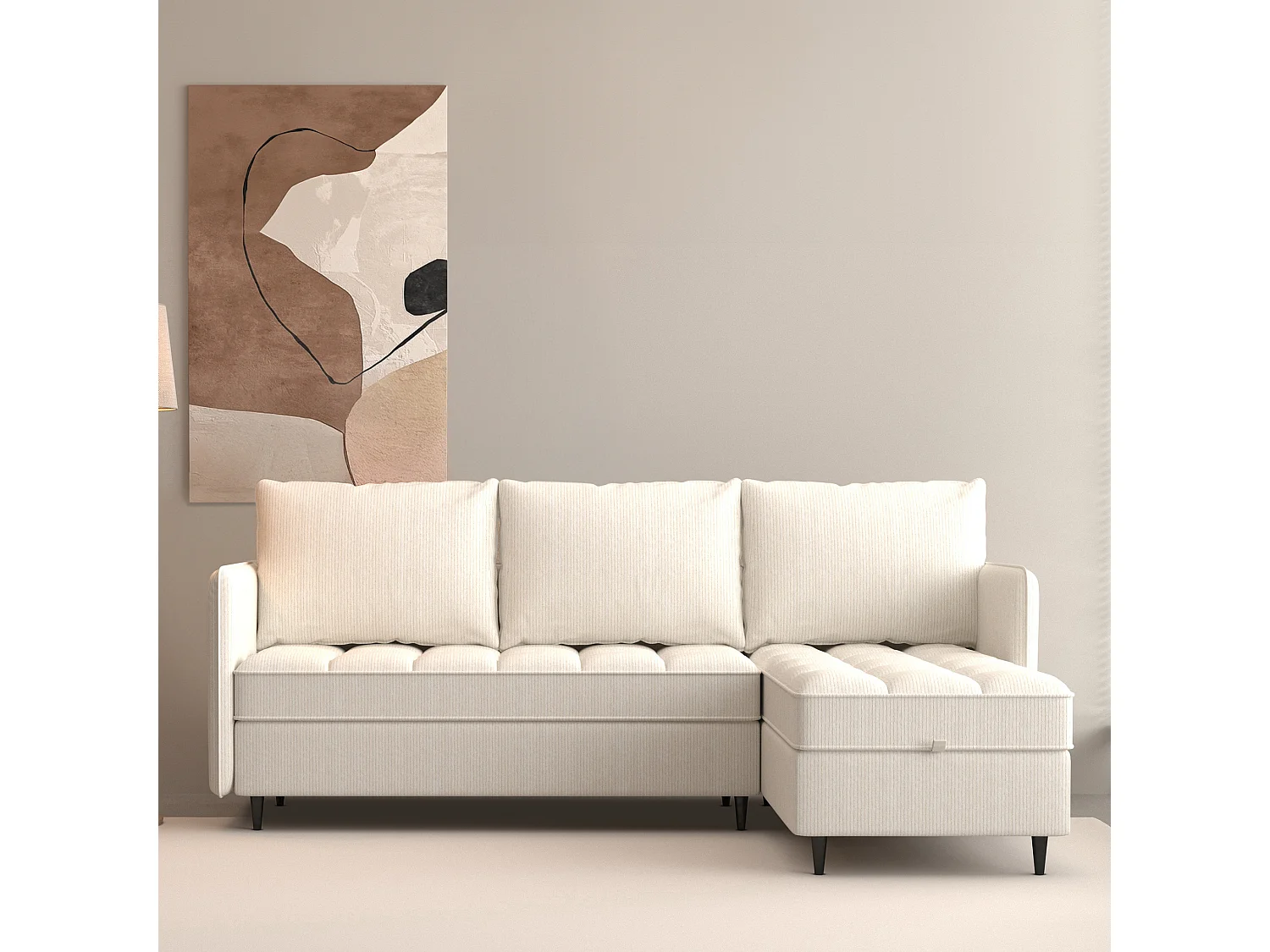 Canapé 3 places avec rangement/méridienne réversible en tissu crème