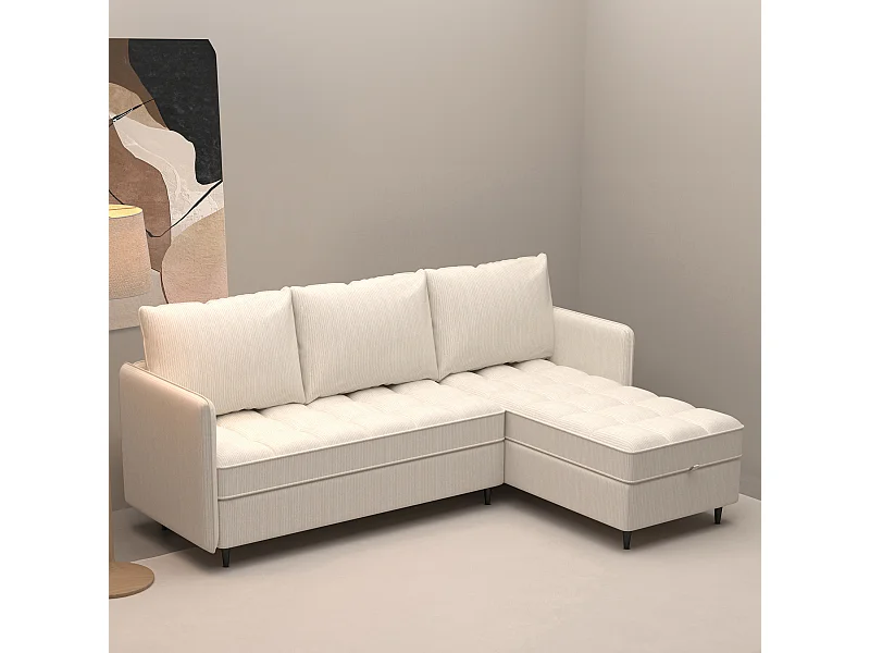 3-zitsbank met opbergruimte/omkeerbare chaise longue in crèmekleurige stof