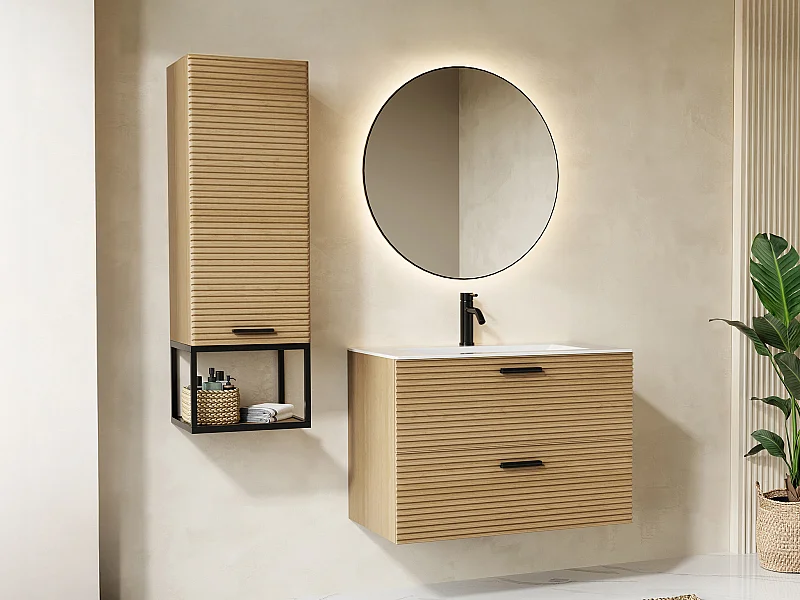 Mueble de baño suspendido estriado con lavabo empotrado y columna con estante - 2 cajones - Natural claro - 80 cm - SARONE