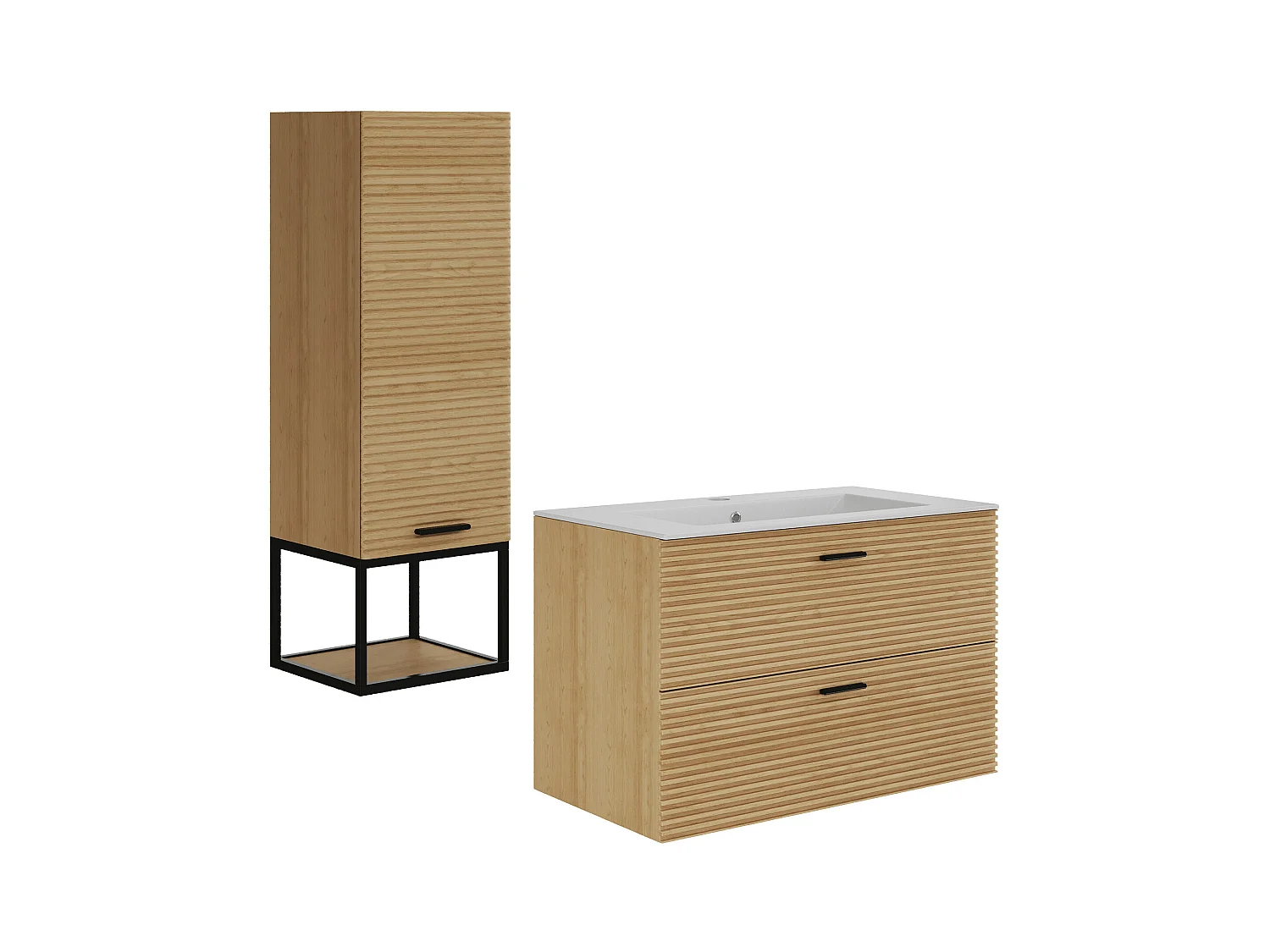 Meuble de salle de bain suspendu strié avec vasque à encastrer et colonne avec niche - 2 tiroirs - Naturel clair - 80 cm - SARONE