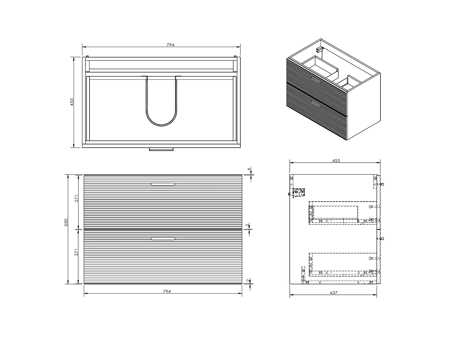 Meuble de salle de bain suspendu strié avec vasque à encastrer et colonne avec niche - 2 tiroirs - Naturel clair - 80 cm - SARONE