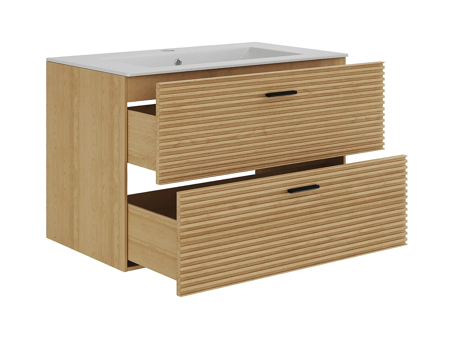 Meuble de salle de bain suspendu strié avec vasque à encastrer et colonne avec niche - 2 tiroirs - Naturel clair - 80 cm - SARONE