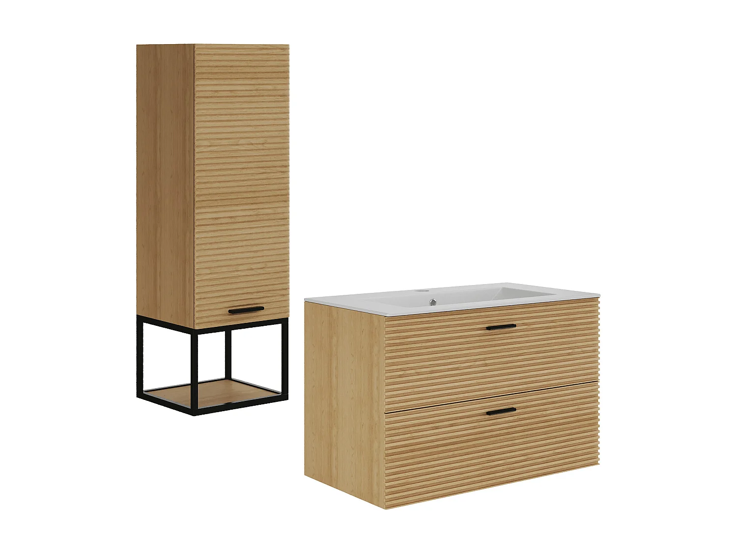 Meuble de salle de bain suspendu strié avec vasque à encastrer et colonne avec niche - 2 tiroirs - Naturel clair - 80 cm - SARONE