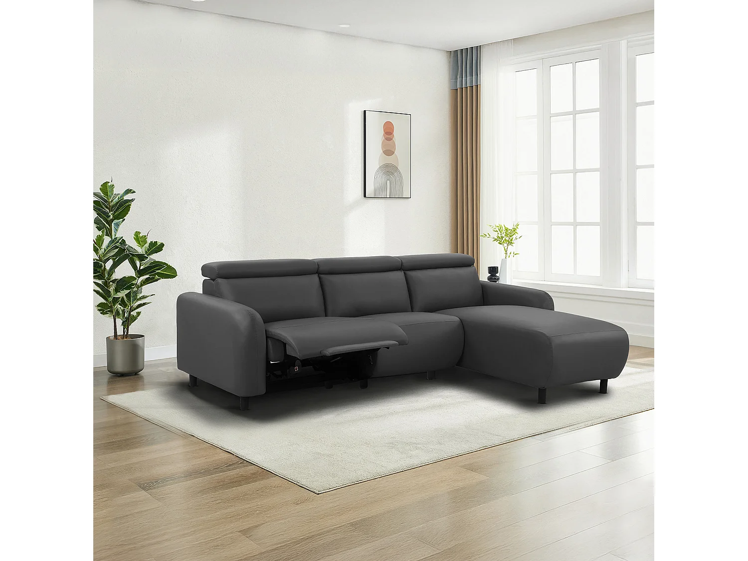 Skaane | Sofa 3 seater with chaise right & electric function in PU grey