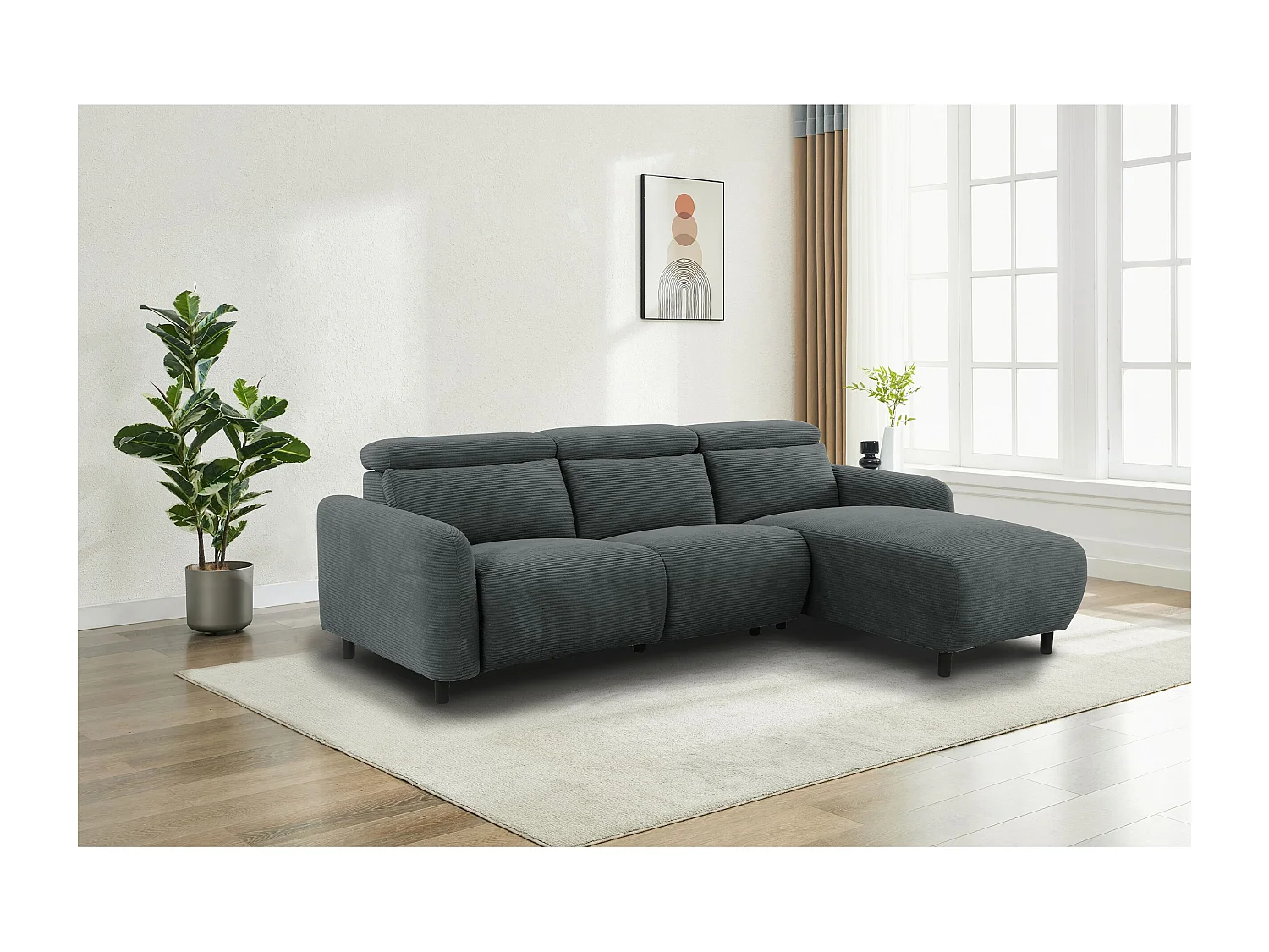 Skaane | Sofa 3 seater with chaise right & electric function in corduroy anthracite