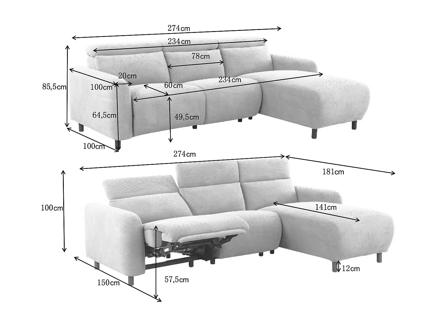 Skaane | Sofa 3 seater with chaise right & electric function in corduroy anthracite