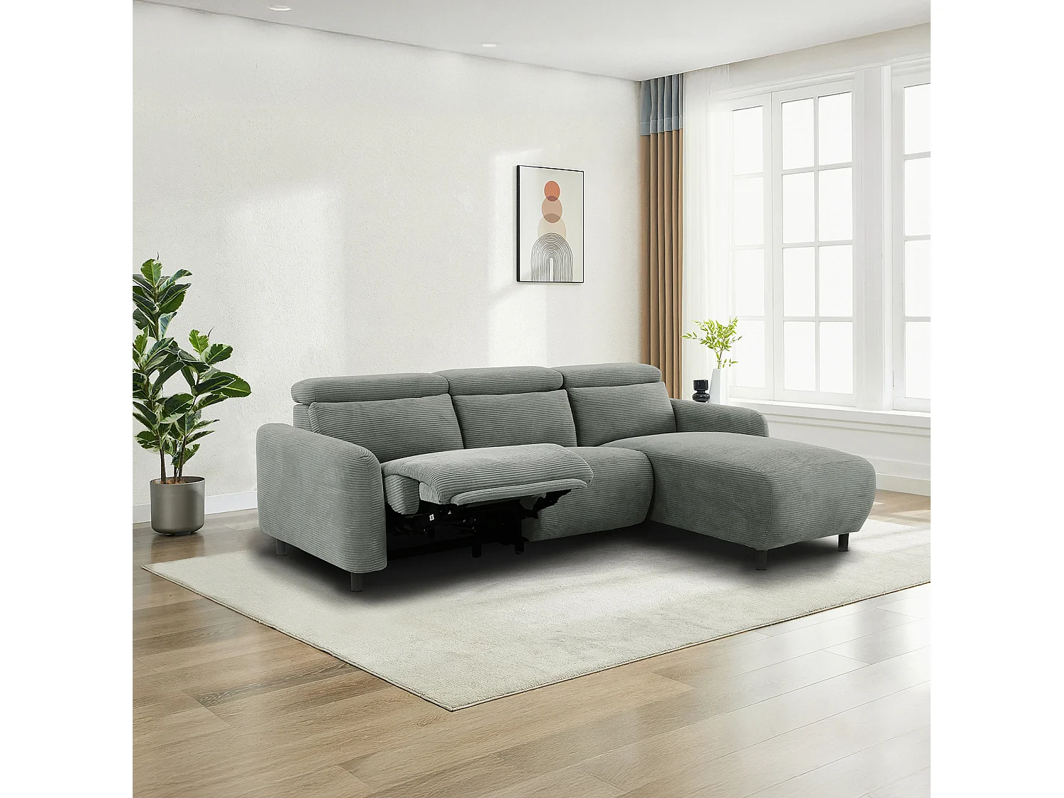 Skaane | Sofa 3 seater with chaise right & electric function in corduroy grey