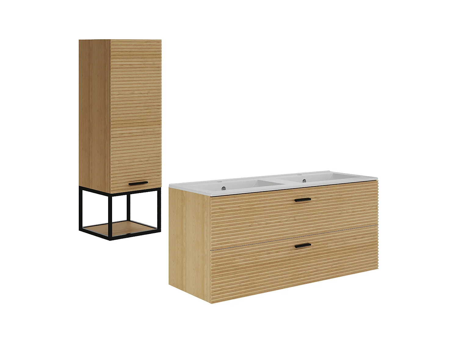 Meuble de salle de bain suspendu strié avec vasque à encastrer et colonne avec niche - 2 tiroirs - Naturel clair - 120 cm - SARONE