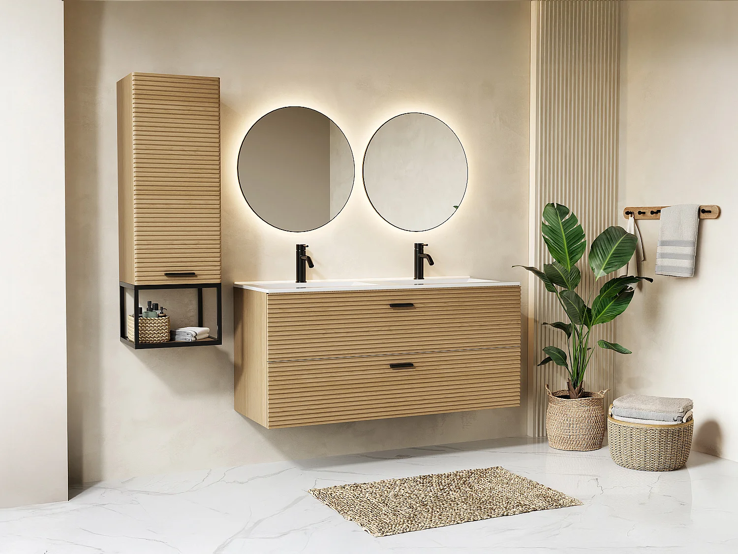 Badezimmermöbel geriffelt hängend mit Einbauwaschbecken und Hochschrank mit Nische - 2 Schubladen - Natur hell - 120 cm - SARONE