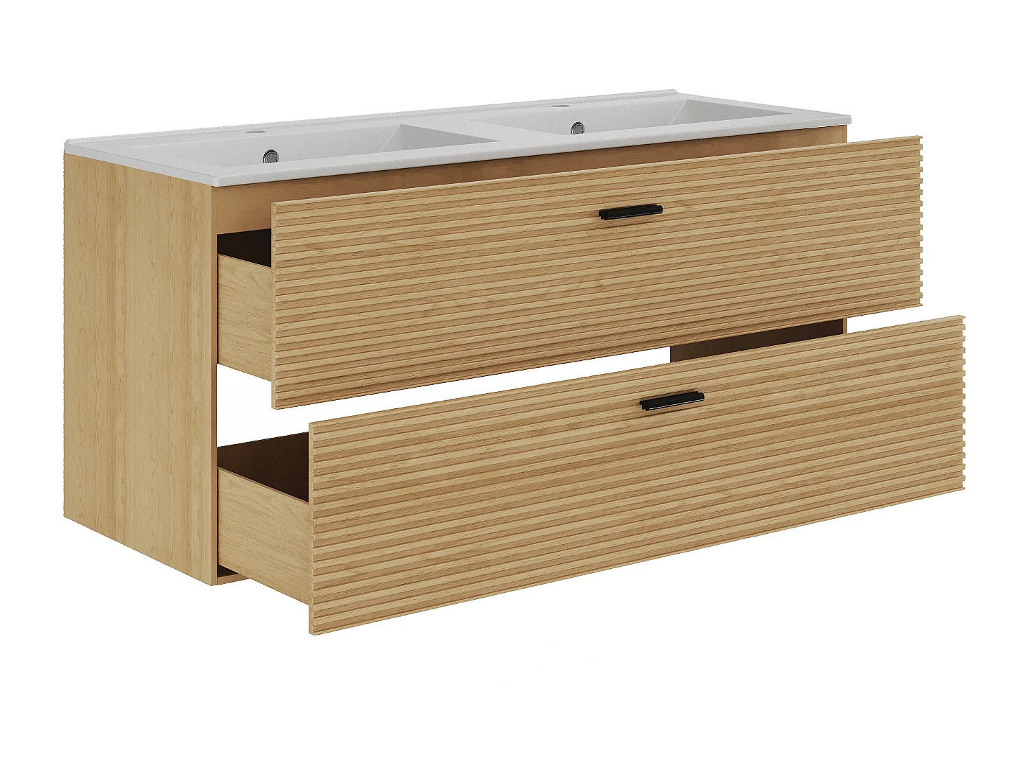 Meuble de salle de bain suspendu strié avec vasque à encastrer et colonne avec niche - 2 tiroirs - Naturel clair - 120 cm - SARONE