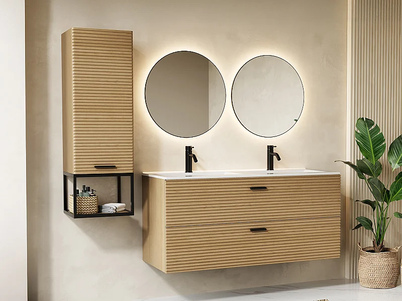 Meuble de salle de bain suspendu strié avec vasque à encastrer et colonne avec niche - 2 tiroirs - Naturel clair - 120 cm - SARONE