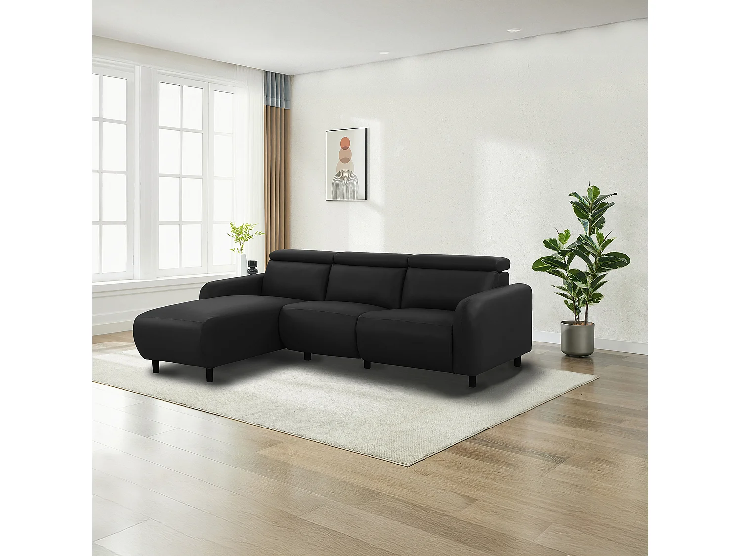 Skaane | Sofa 3 seater with chaise left & electric function in PU black