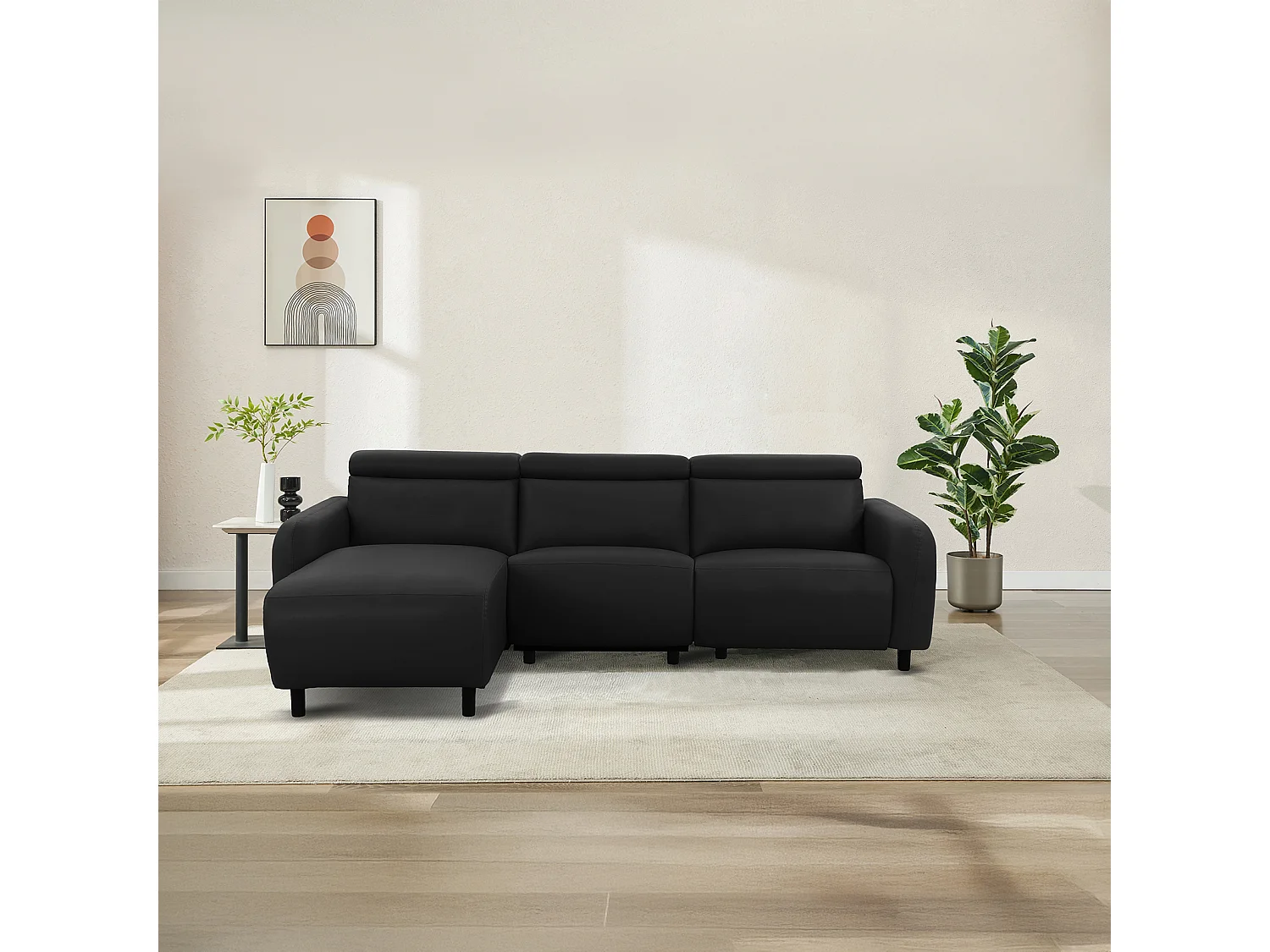Skaane | Sofa 3 seater with chaise left & electric function in PU black