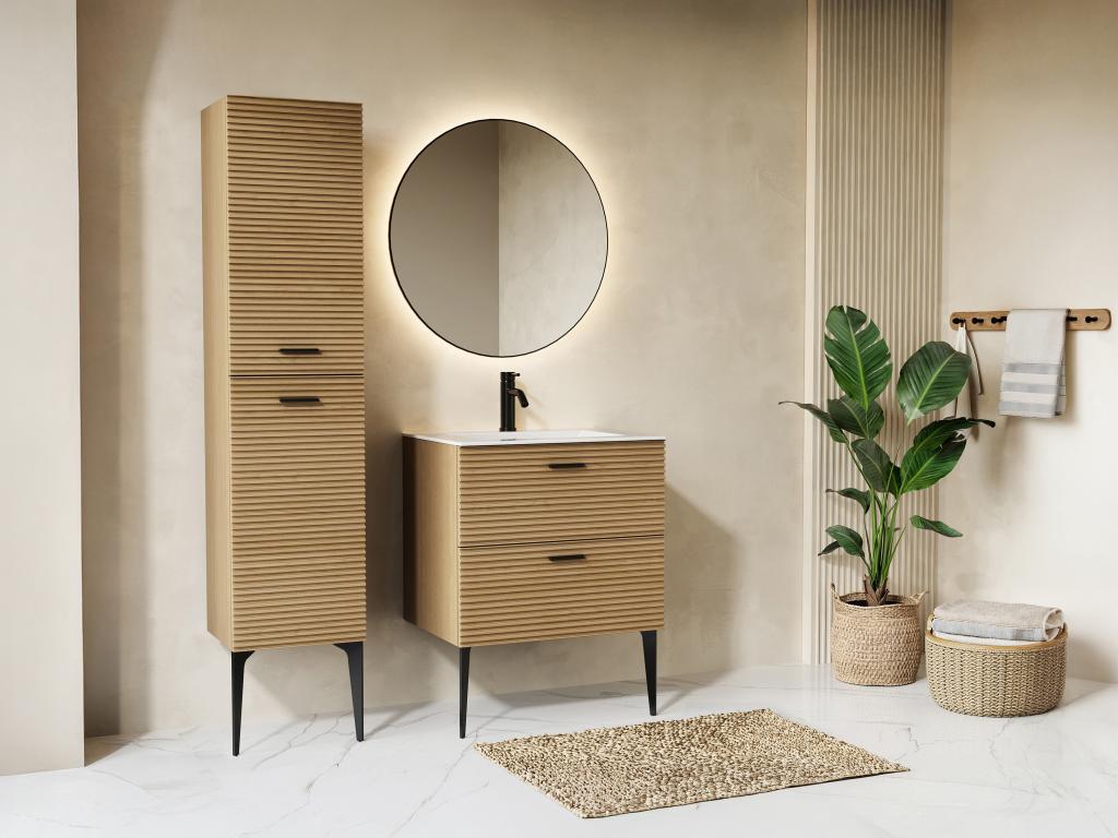 Meuble de salle de bain strié sur pieds avec vasque à encastrer et colonne - 2 tiroirs - Naturel clair - 60 cm - SARONE