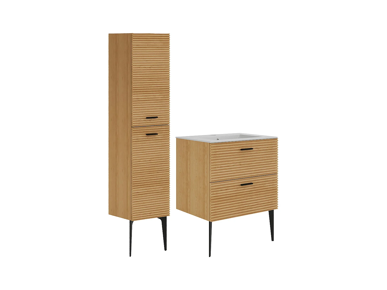 Meuble de salle de bain strié sur pieds avec vasque à encastrer et colonne - 2 tiroirs - Naturel clair - 60 cm - SARONE