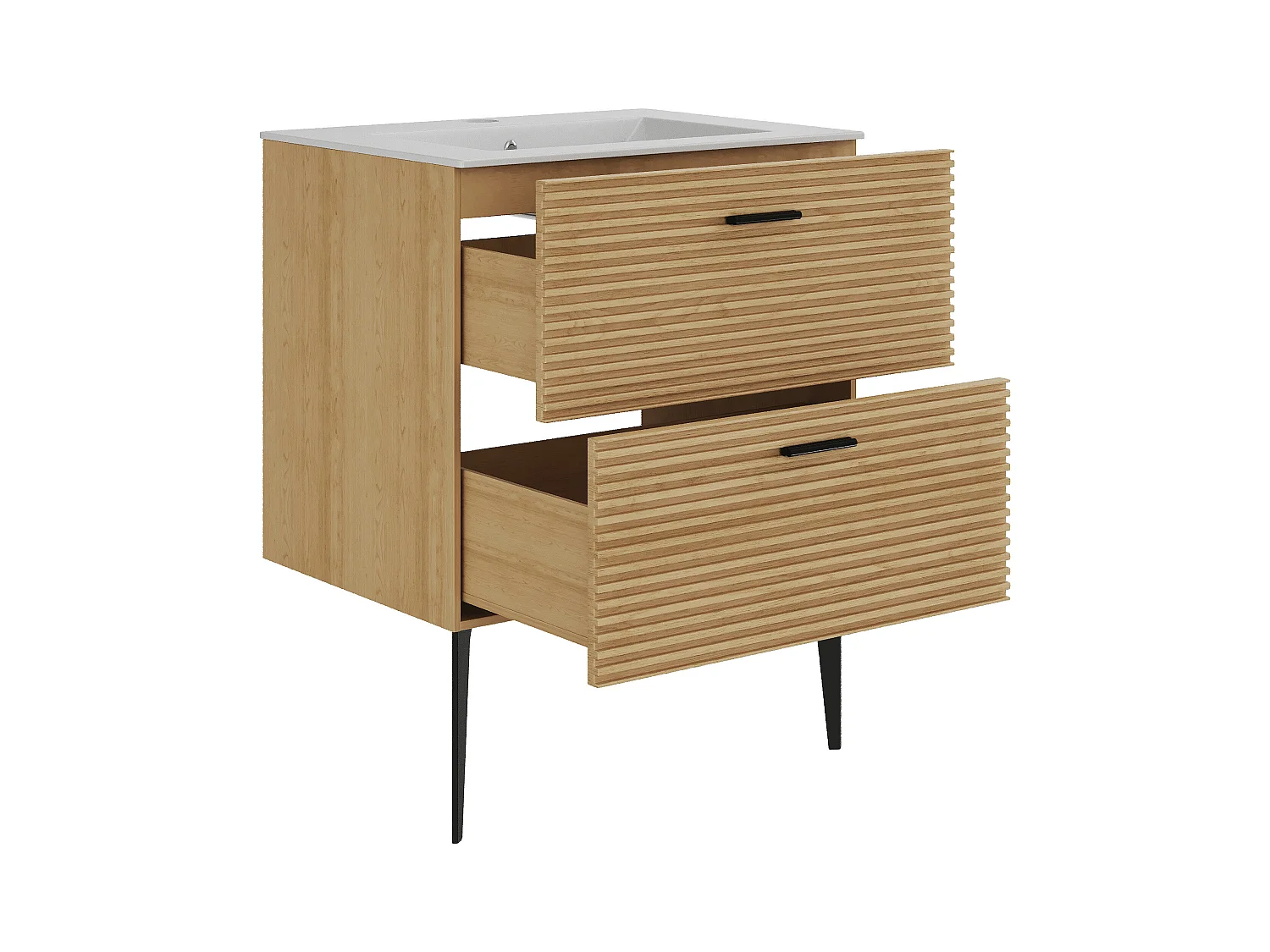 Meuble de salle de bain strié sur pieds avec vasque à encastrer et colonne - 2 tiroirs - Naturel clair - 60 cm - SARONE