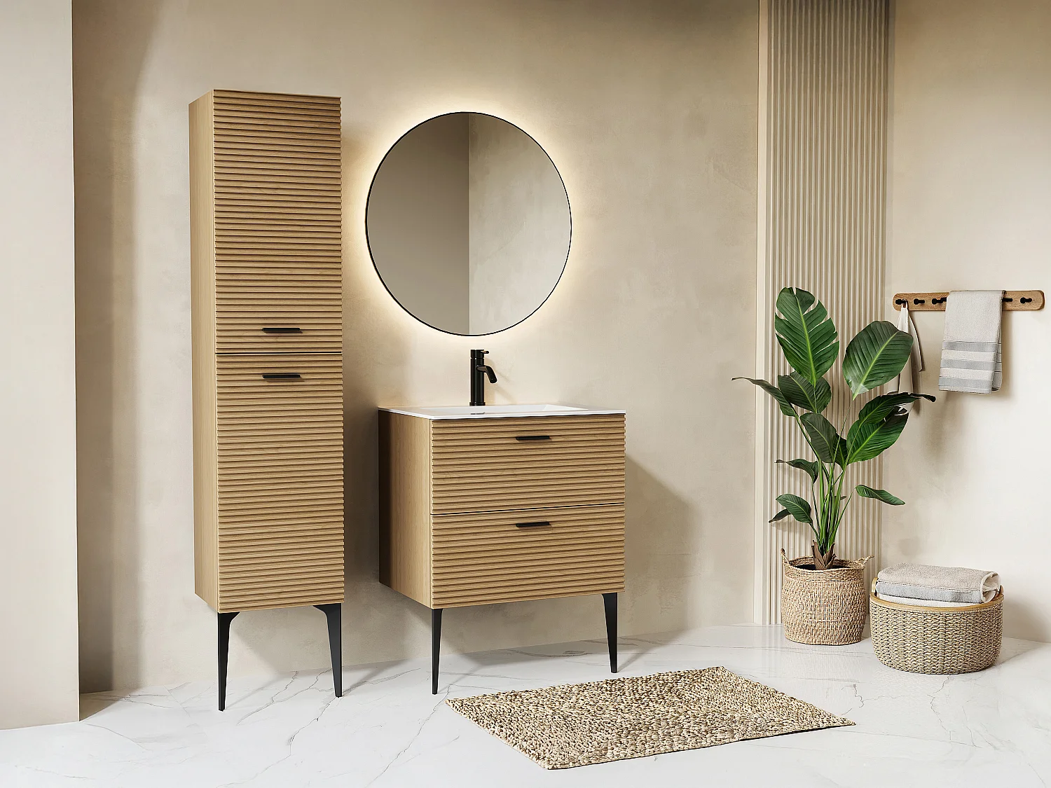 Badezimmermöbel geriffelt auf Füßen mit Einbauwaschbecken und Hochschrank - 2 Schubladen - Natur hell - 60 cm - SARONE
