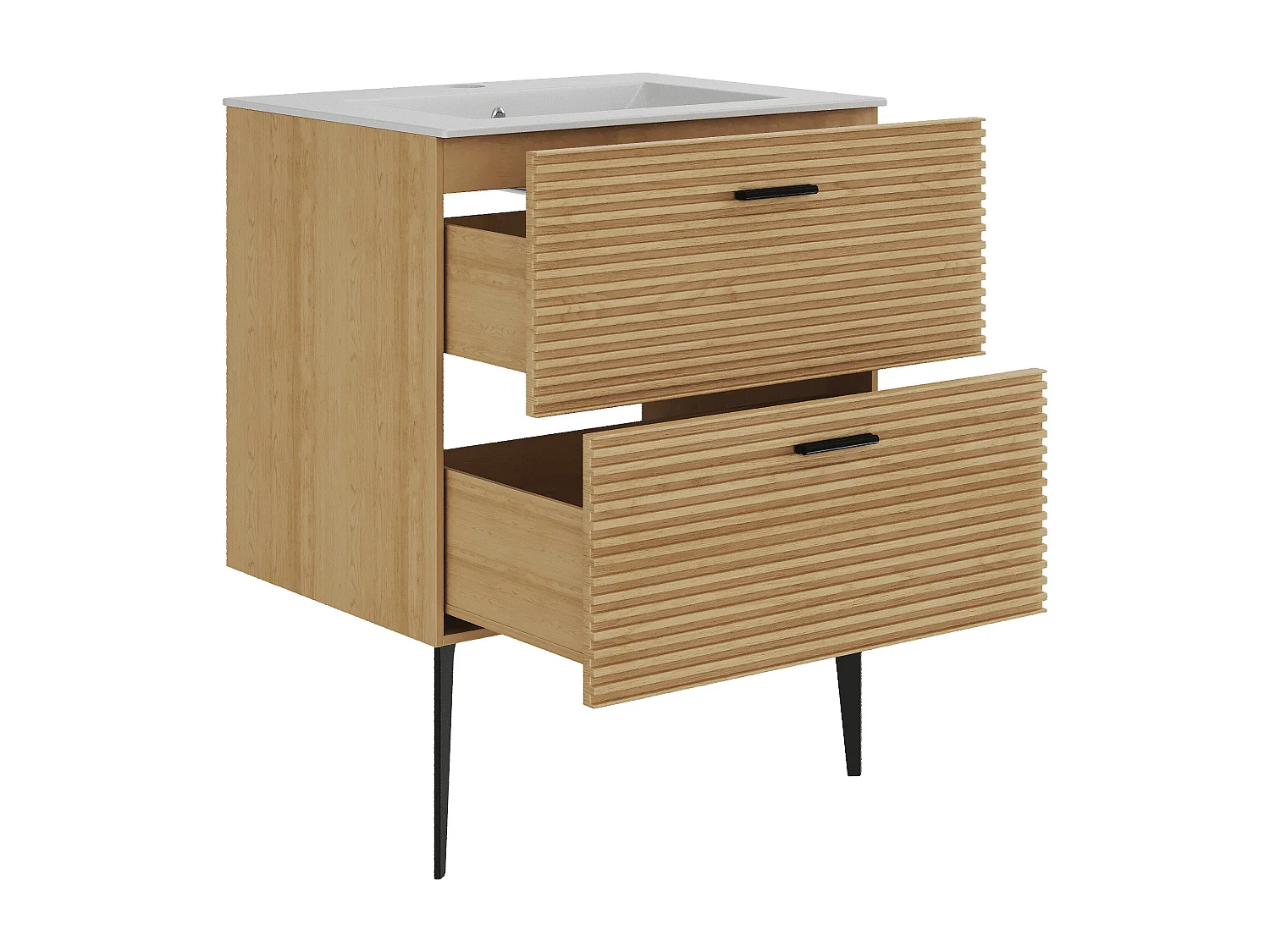Meuble de salle de bain strié sur pieds avec vasque à encastrer et colonne - 2 tiroirs - Naturel clair - 60 cm - SARONE
