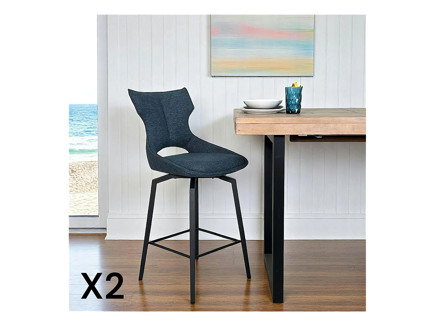 Chaise de bar pivotante tissu bleu (lot de 2) LOMBARDIE