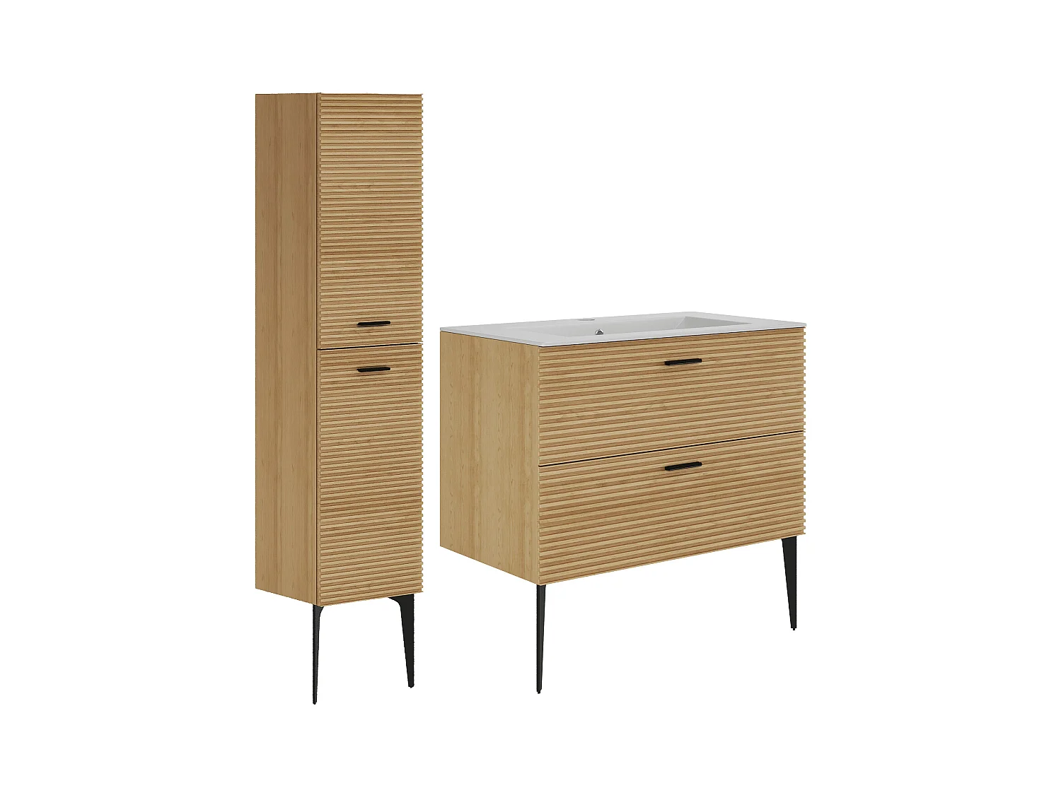 Meuble de salle de bain strié sur pieds avec vasque à encastrer et colonne - 2 tiroirs - Naturel clair - 80 cm - SARONE