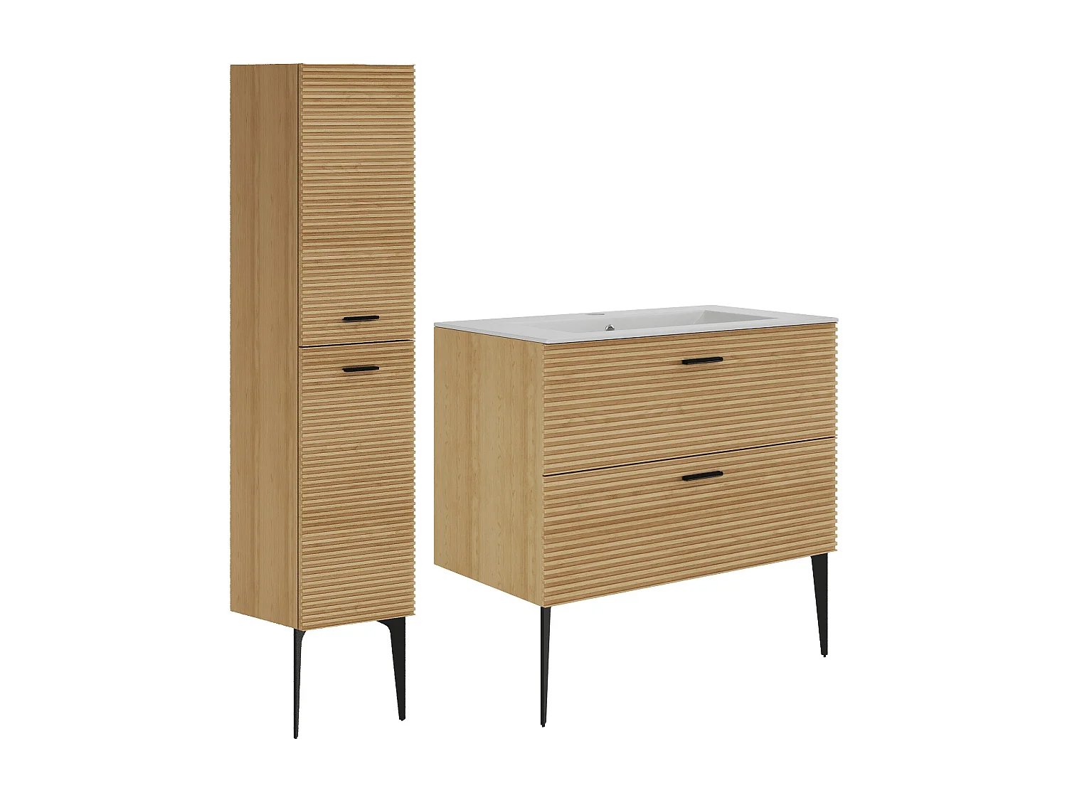 Meuble de salle de bain strié sur pieds avec vasque à encastrer et colonne - 2 tiroirs - Naturel clair - 80 cm - SARONE