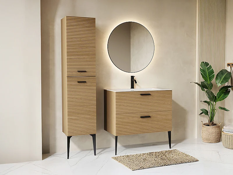 Meuble de salle de bain strié sur pieds avec vasque à encastrer et colonne - 2 tiroirs - Naturel clair - 80 cm - SARONE