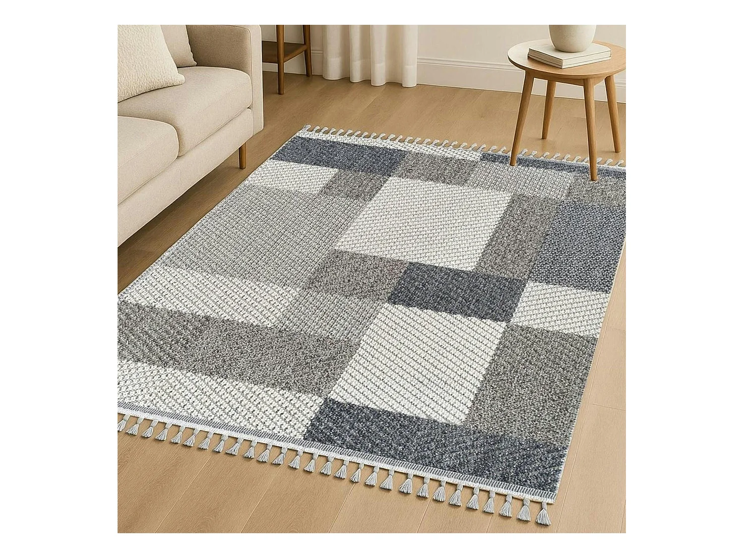 Tapis de salon gris et bleu – motifs carrés, 120x180 cm ISTANBUL